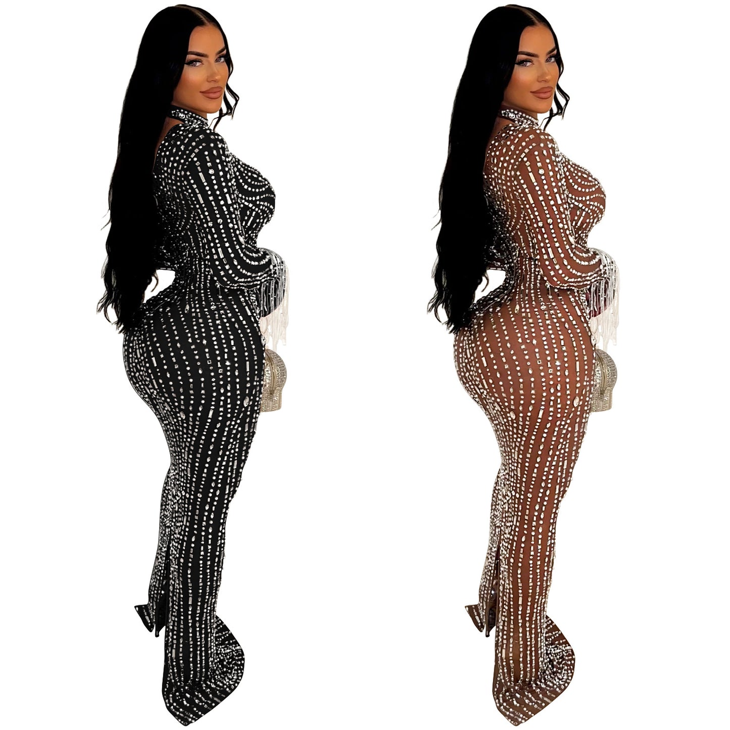 Women's Wear Pure Color Mesh Rhinestone Dress Dresses