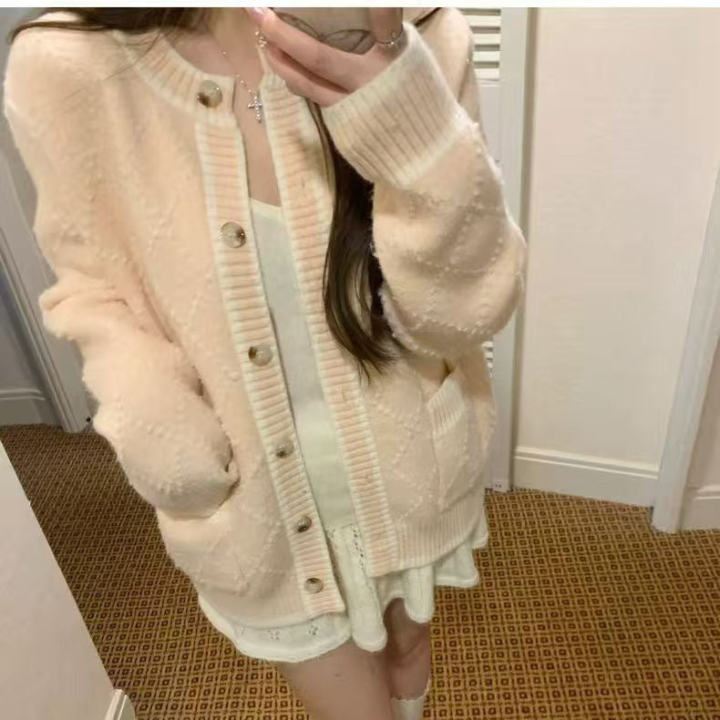 Women's Nice Knitted Classic Style Design Sense Hit Color Diamond Lattice Cardigans