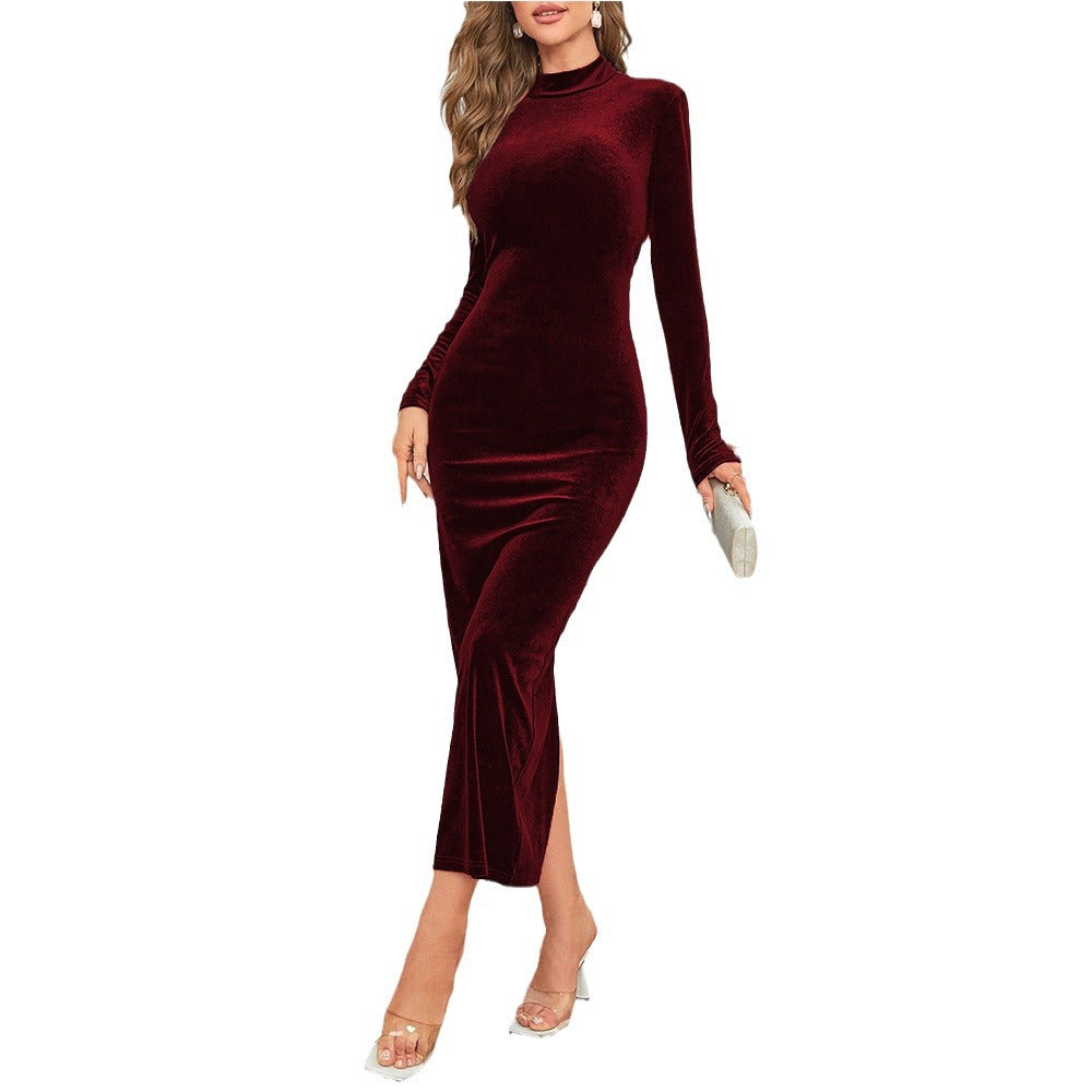 Women's Elegant Fashion Slit Long Sleeve Veet Dress