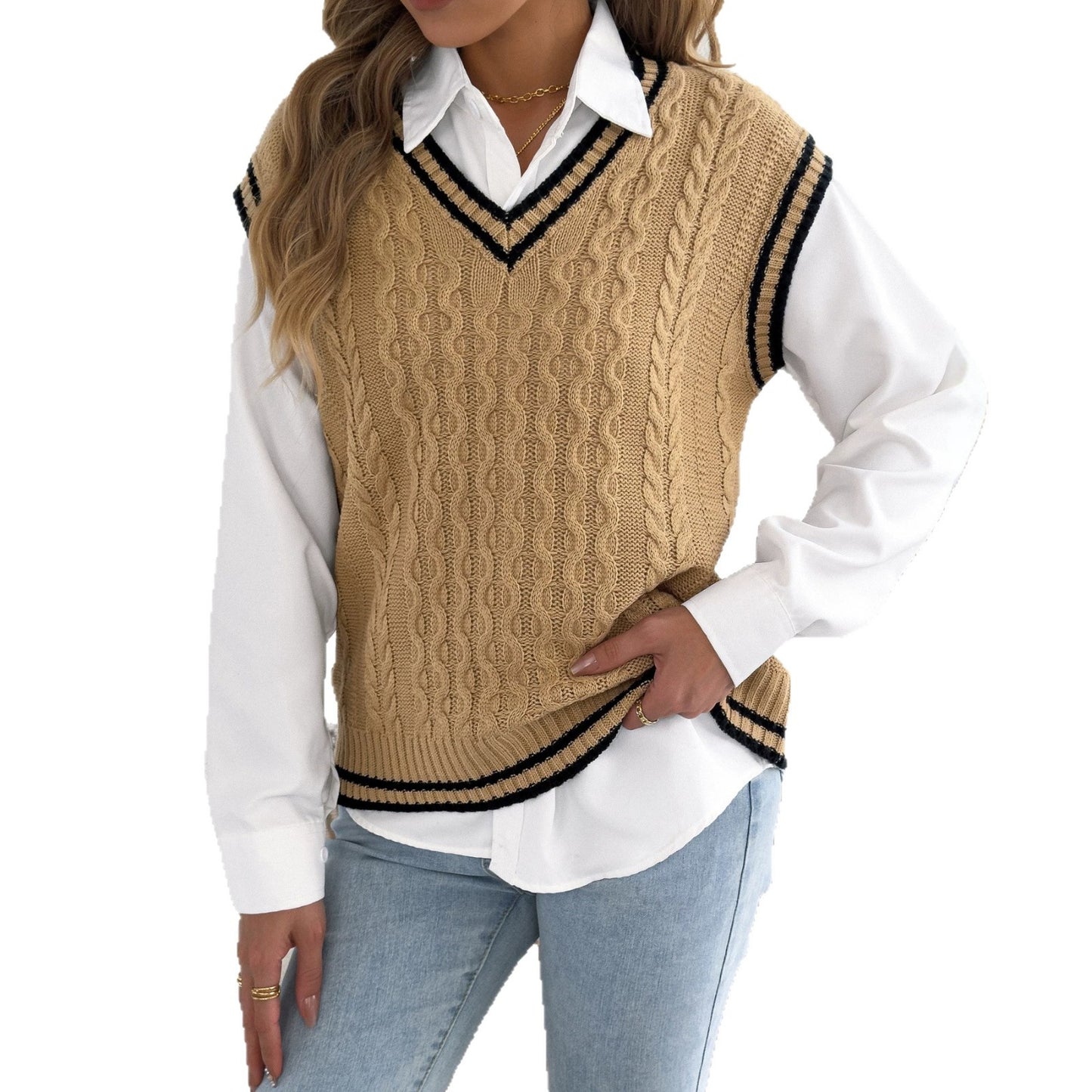 Women's College Style Contrast Color Twist Sleeveless Sweater