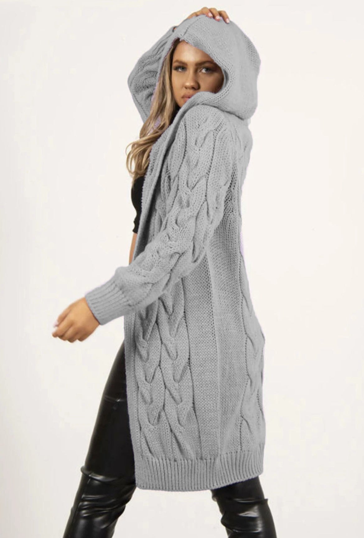 Women's Twist Braid Idle Style Hooded Mid-length Women's Sweater