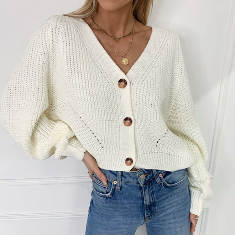 Women's Large Lantern Sleeve Solid Color Knitted Sweater