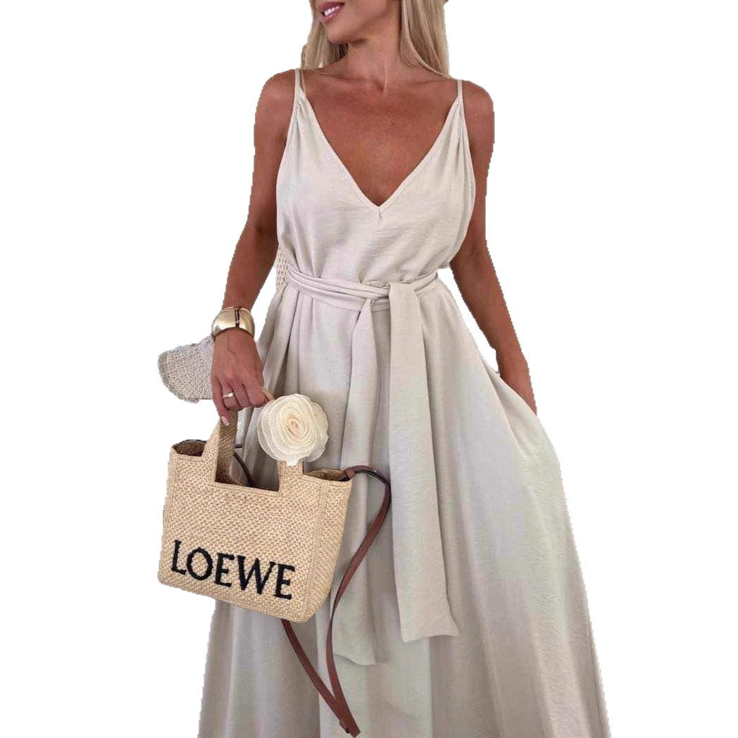 Women's Solid Color Bow Sling Casual Dress