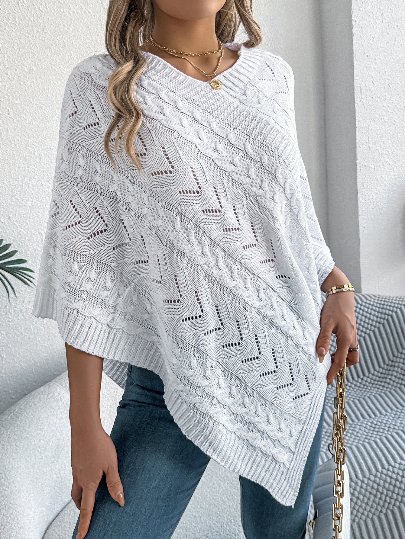 Women's Casual Solid Color Cable Loose-fitting Cloak Sweater