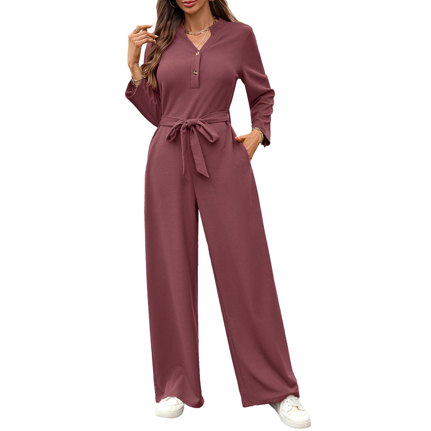 Solid Color High Waist Button Long Jumpsuits
