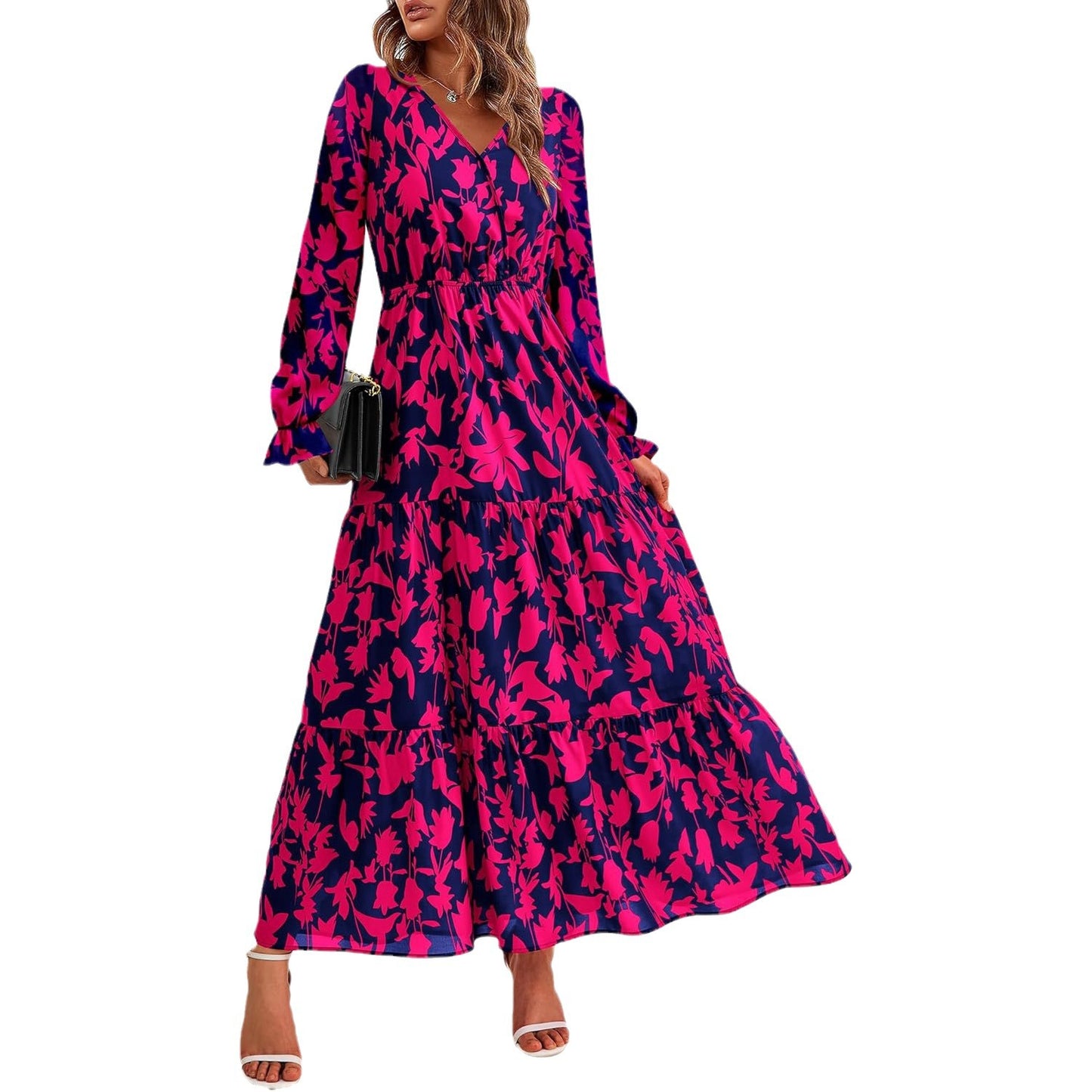 Women's Collar Elastic Waist Printed Casual Long Dresses