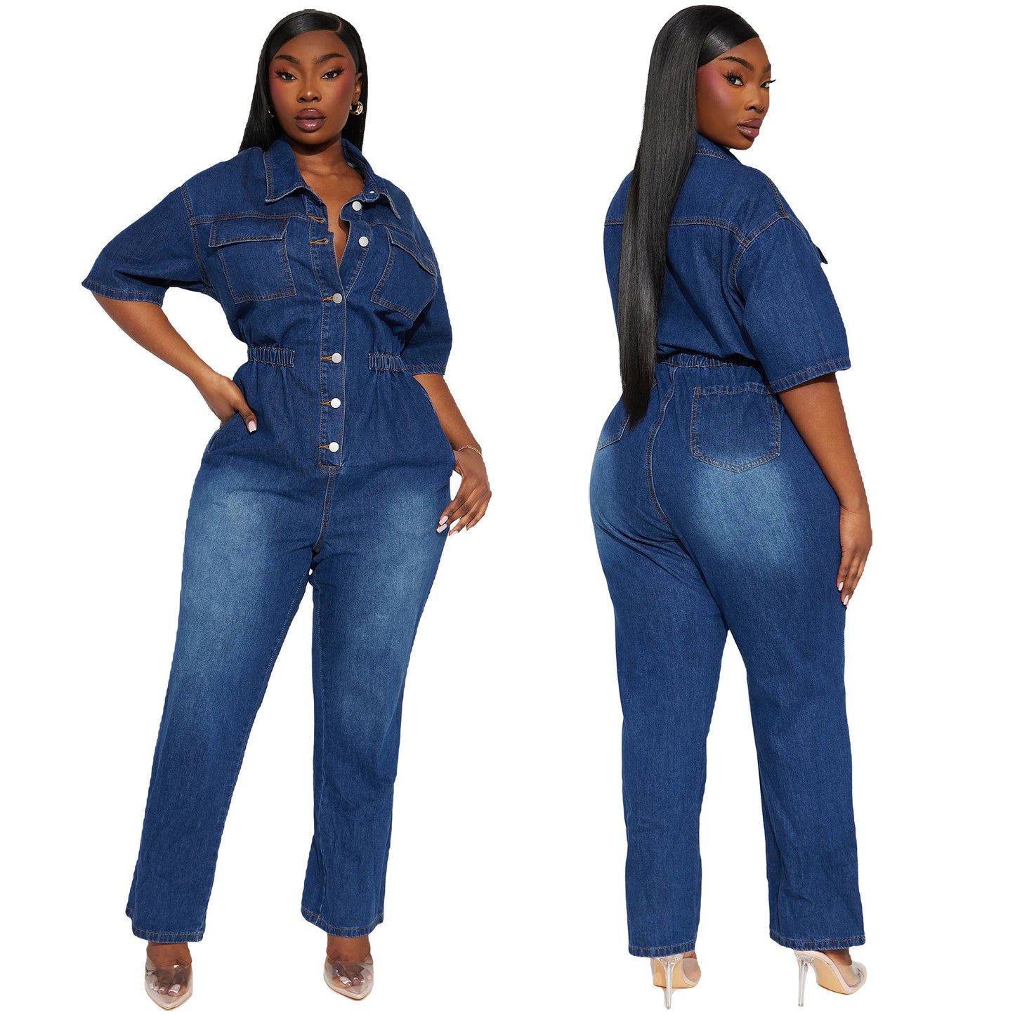 Stretch Short-sleeved Skinny Mouth Wash Denim Jumpsuits
