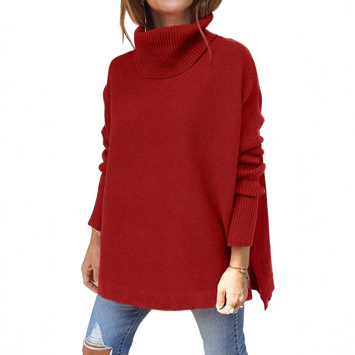 Sleeve Turtleneck Mid-length Batwing Hem Waist Women's Sweater