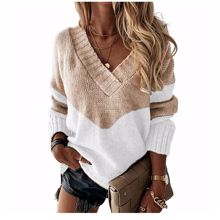Collar Pullover Color Matching Striped Leopard Tops