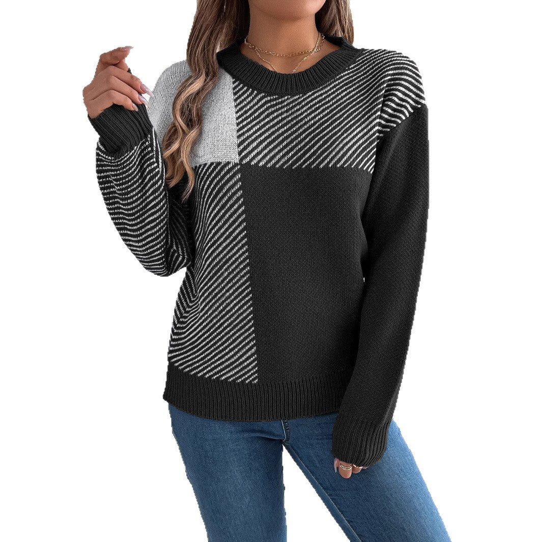 Women's Casual Contrast Color Plaid Long Sleeve Sweater