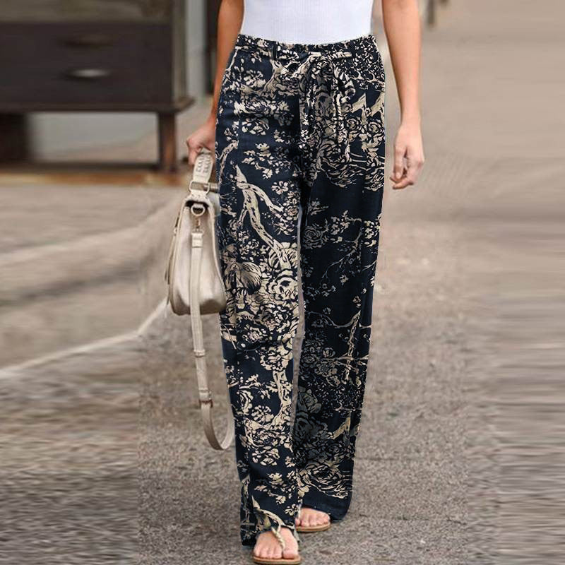 Women's Printed Cotton Linen Casual Comfortable Elastic Pants