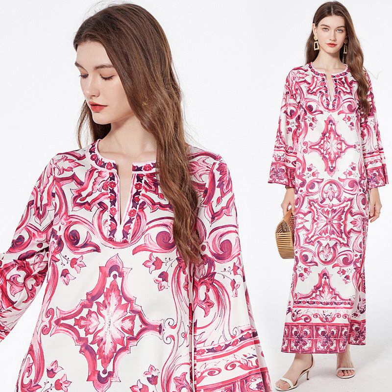 Women's Printed National Style Dress Summer Round Neck Wide Hem Dresses