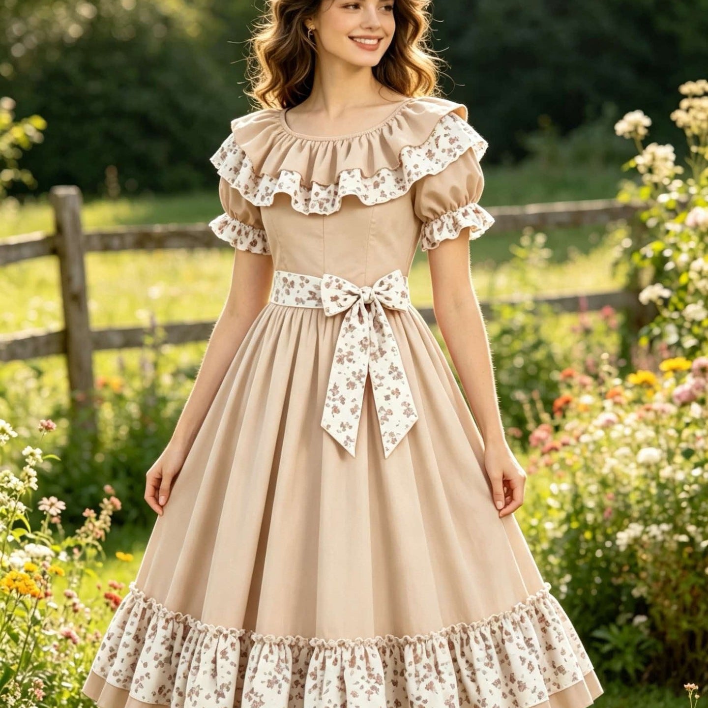 Country Lolita Ruffled Collar Floral Lace Dress