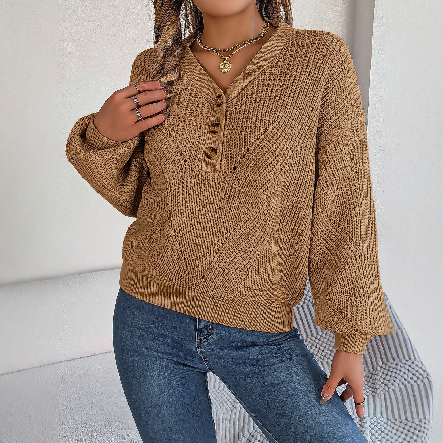 Women's Hollow Out Button Lantern Sleeve Pullover Sweater