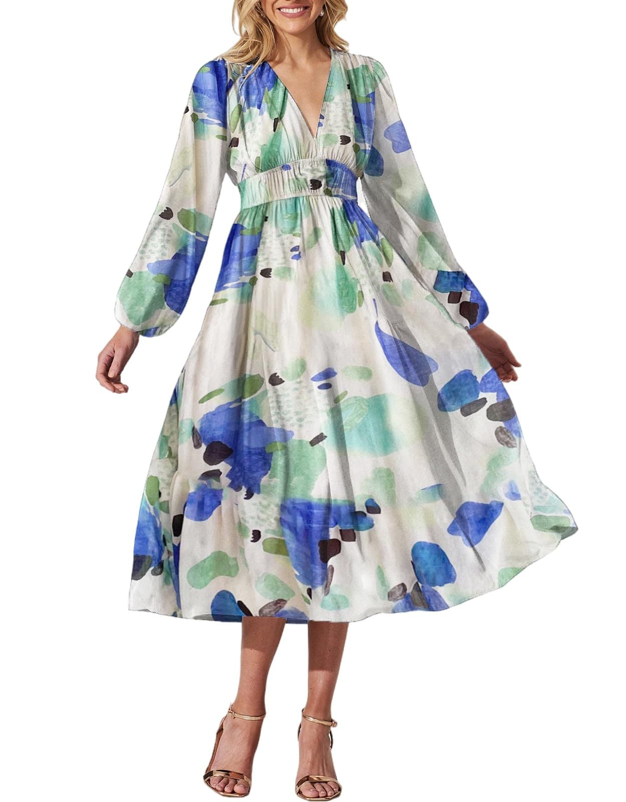 Women's Style Deep V Printed High Waist Casual Long Dresses