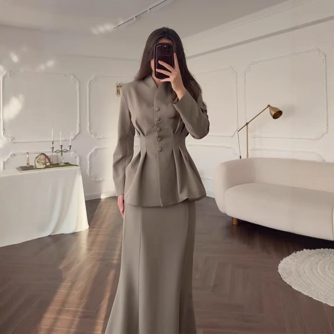 Women's Soft Solid Color Long-sleeved Long Dress Suits