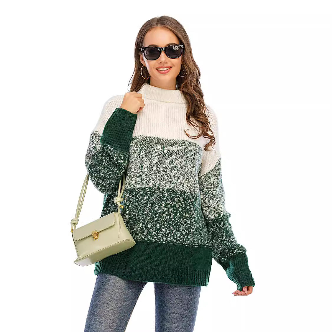 Versatile Women's Spring Splicing Loose Turtleneck Sweater