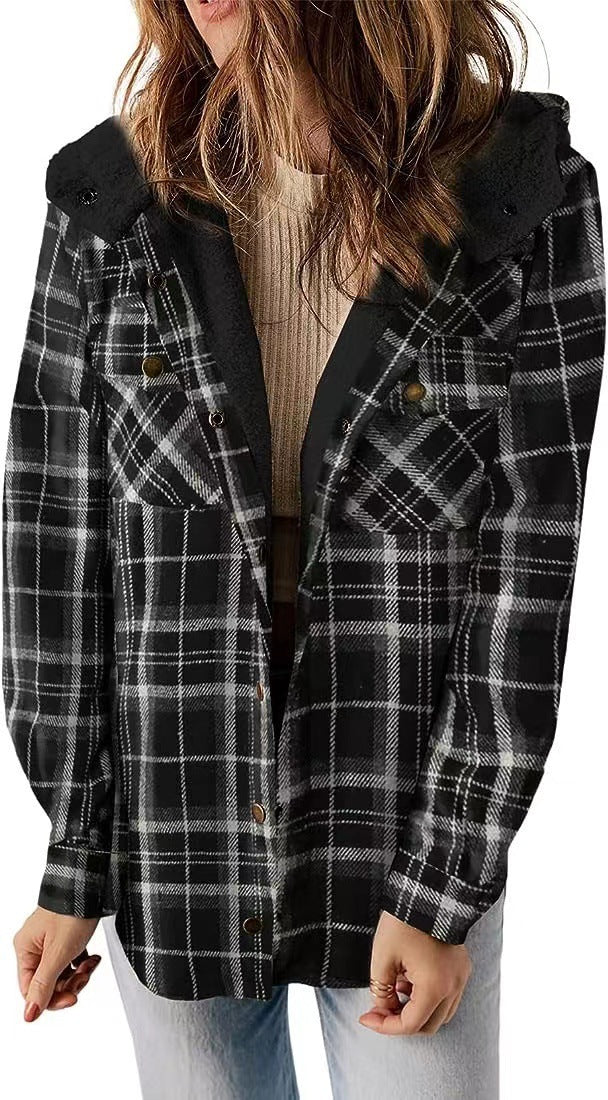Women's Plush Shirt Casual Plaid Hooded Woolen Jackets