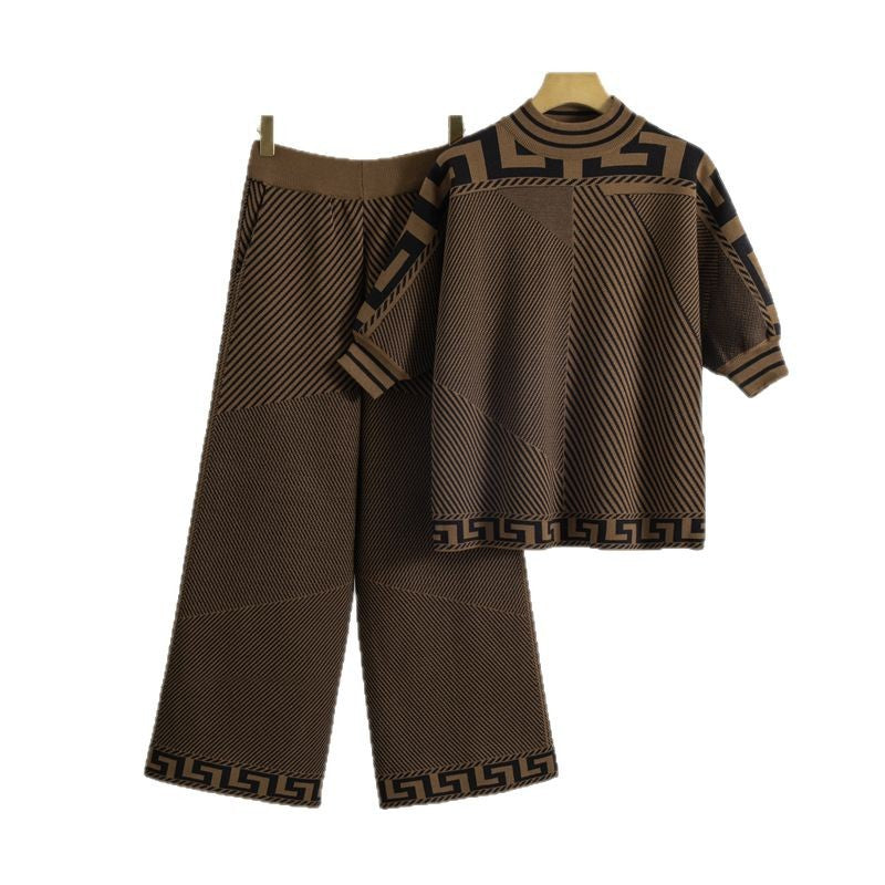 Women's Waist Wide Leg Sleeve Striped Knitted Suits
