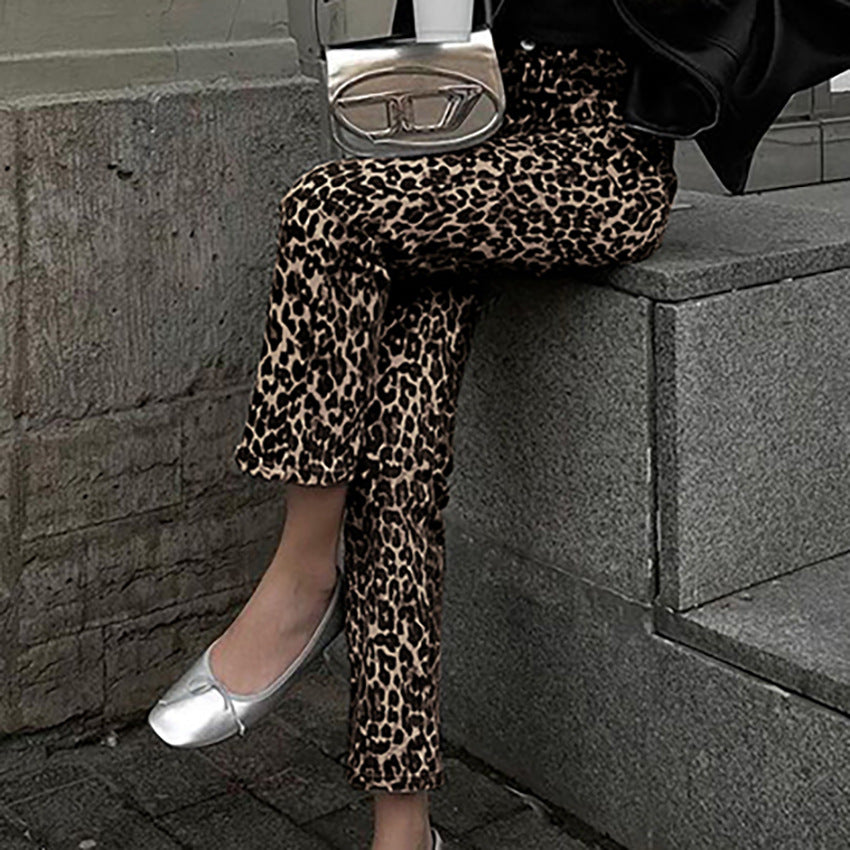 Leopard Print High Waist Straight Retro Pants