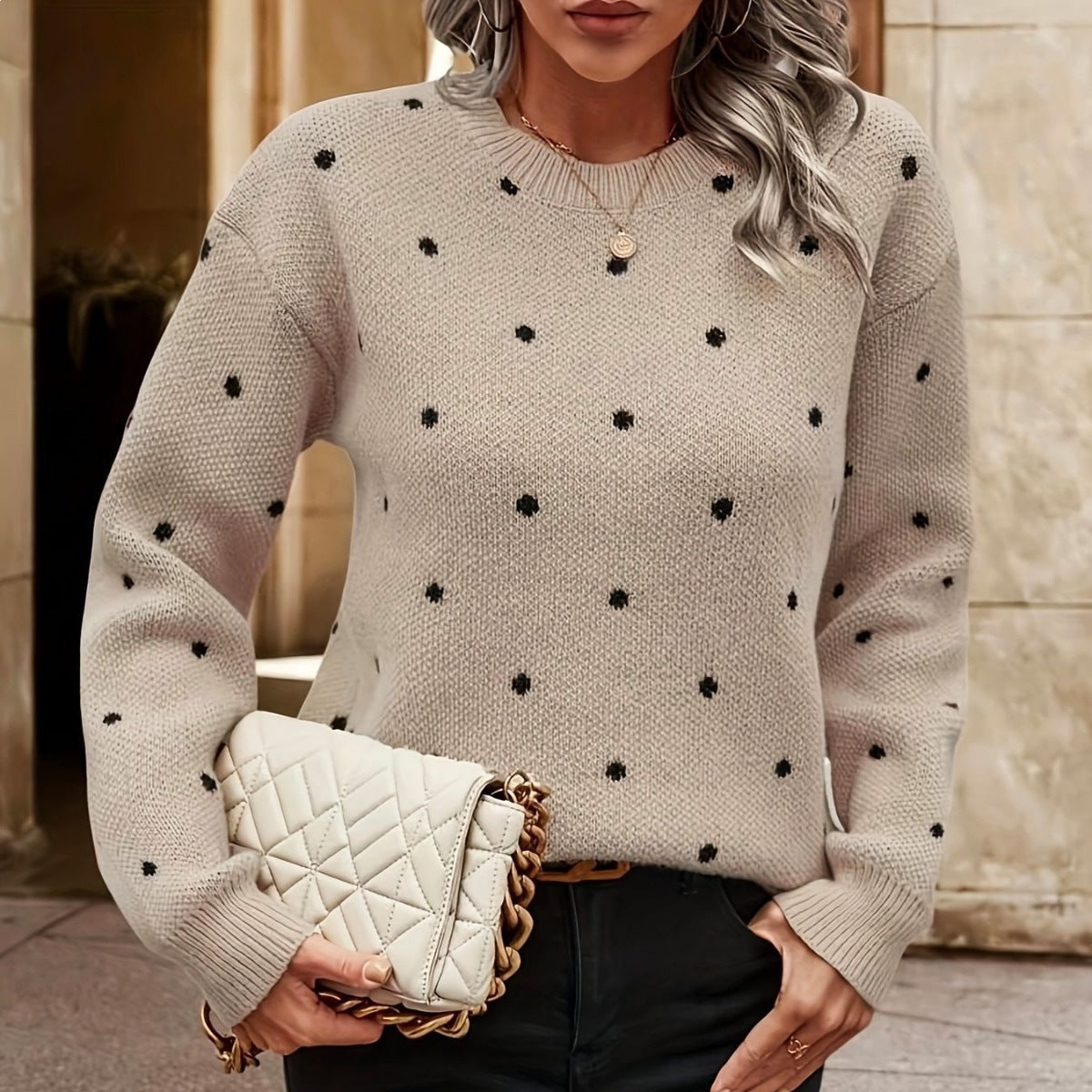 Women's Dot Round Neck Loose Niche Retro Sweater