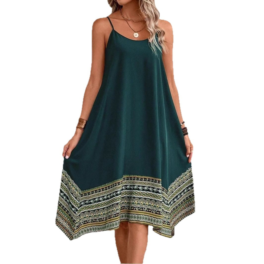 Summer Sling Stitching Printing Irregular Hem Dress