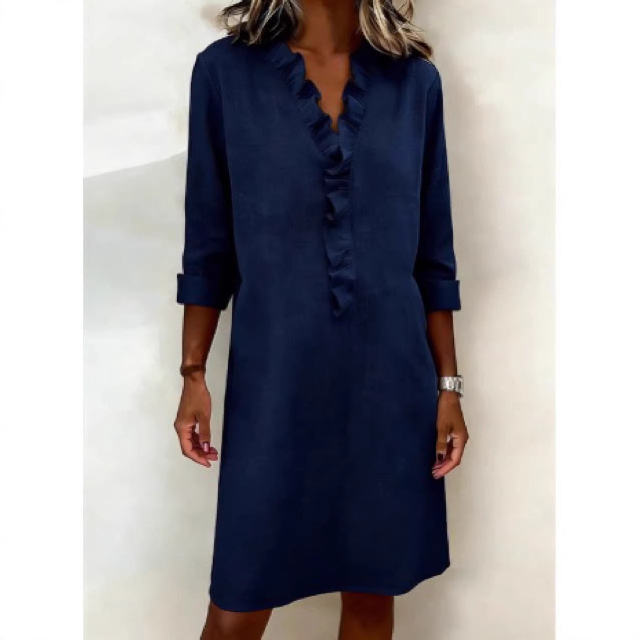 Women's Slimming Wooden Ear Long Sleeve Cotton Linen Dress