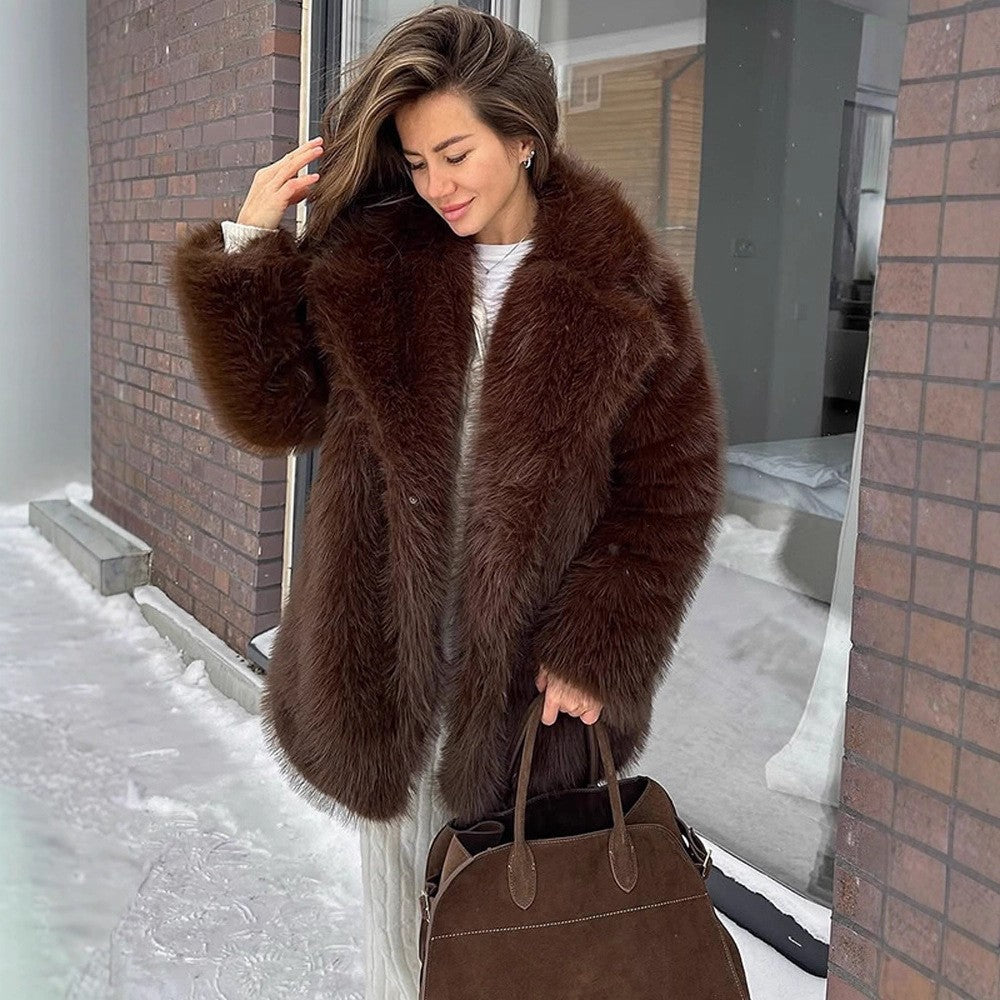 Women's Warm Fox Fur Brown Vintage Imitation Collar Coats
