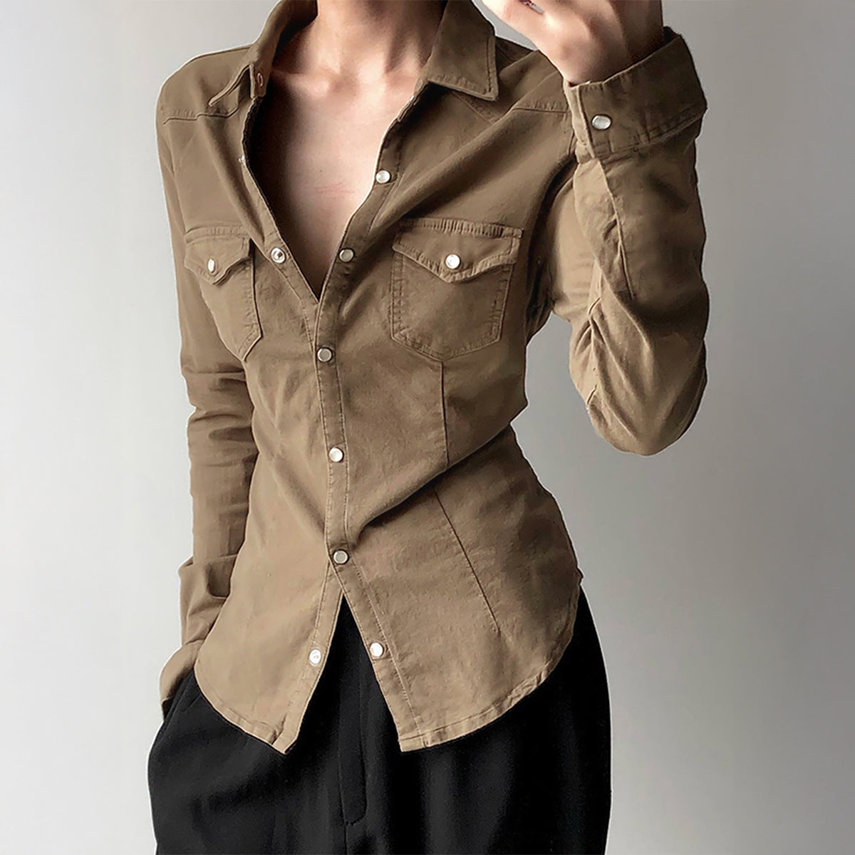 Women's Fashionable Simple Solid Color Long-sleeved Shirt Blouses