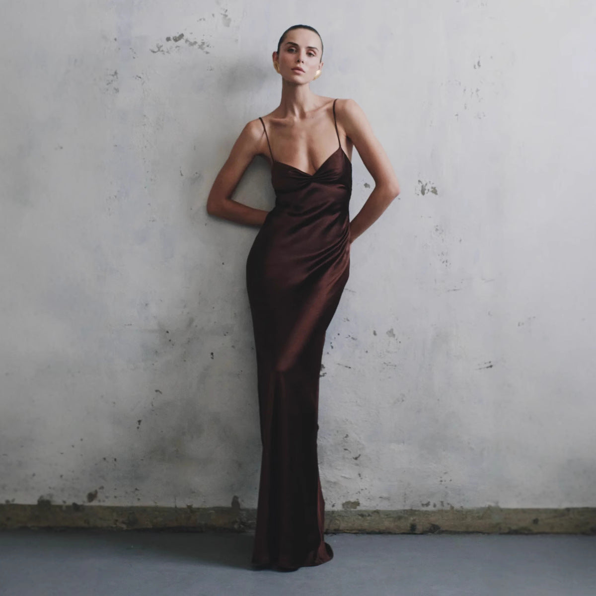 Color Satin Invisible Zipper Pleated Design Draping Sling Dress