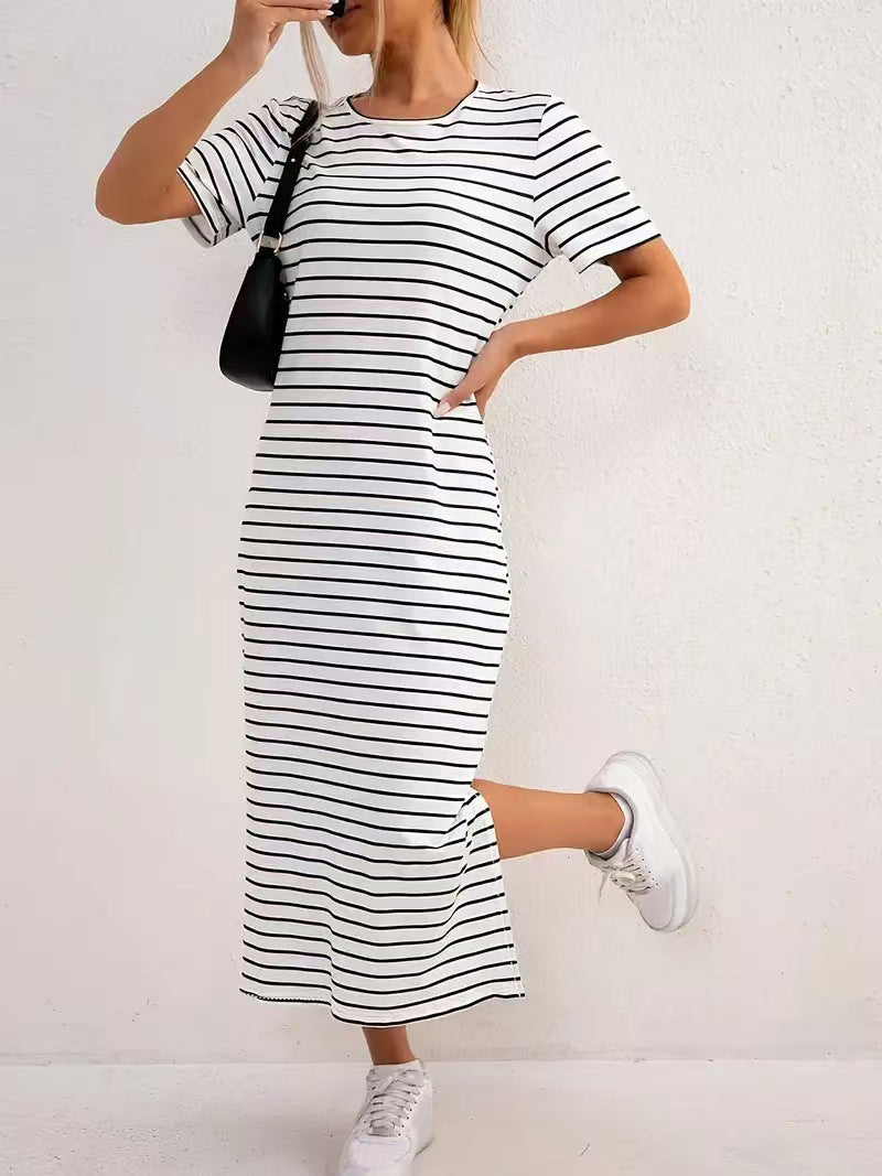 Women's Black White Striped Round Neck Sleeve Floral Print Slit Dress