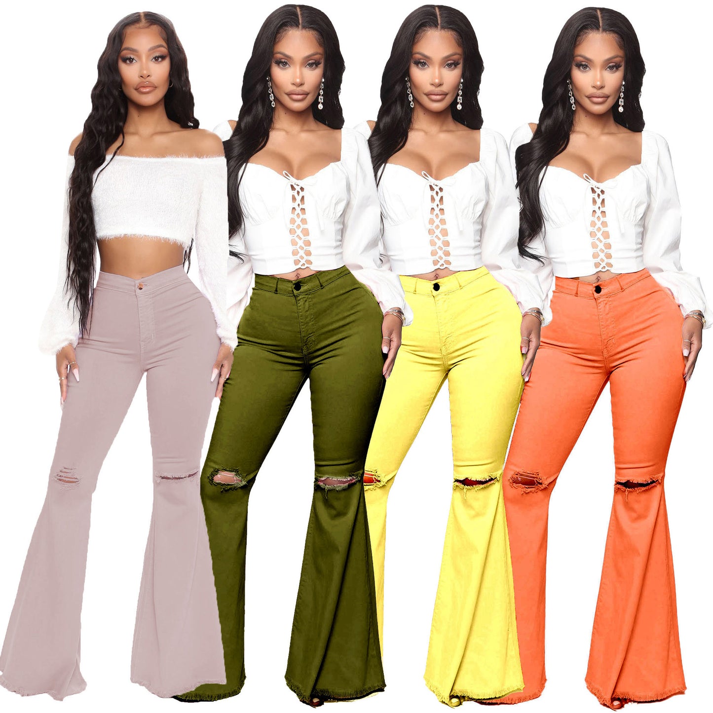 Fashion Wide Leg Knee Ripped Denim Jeans