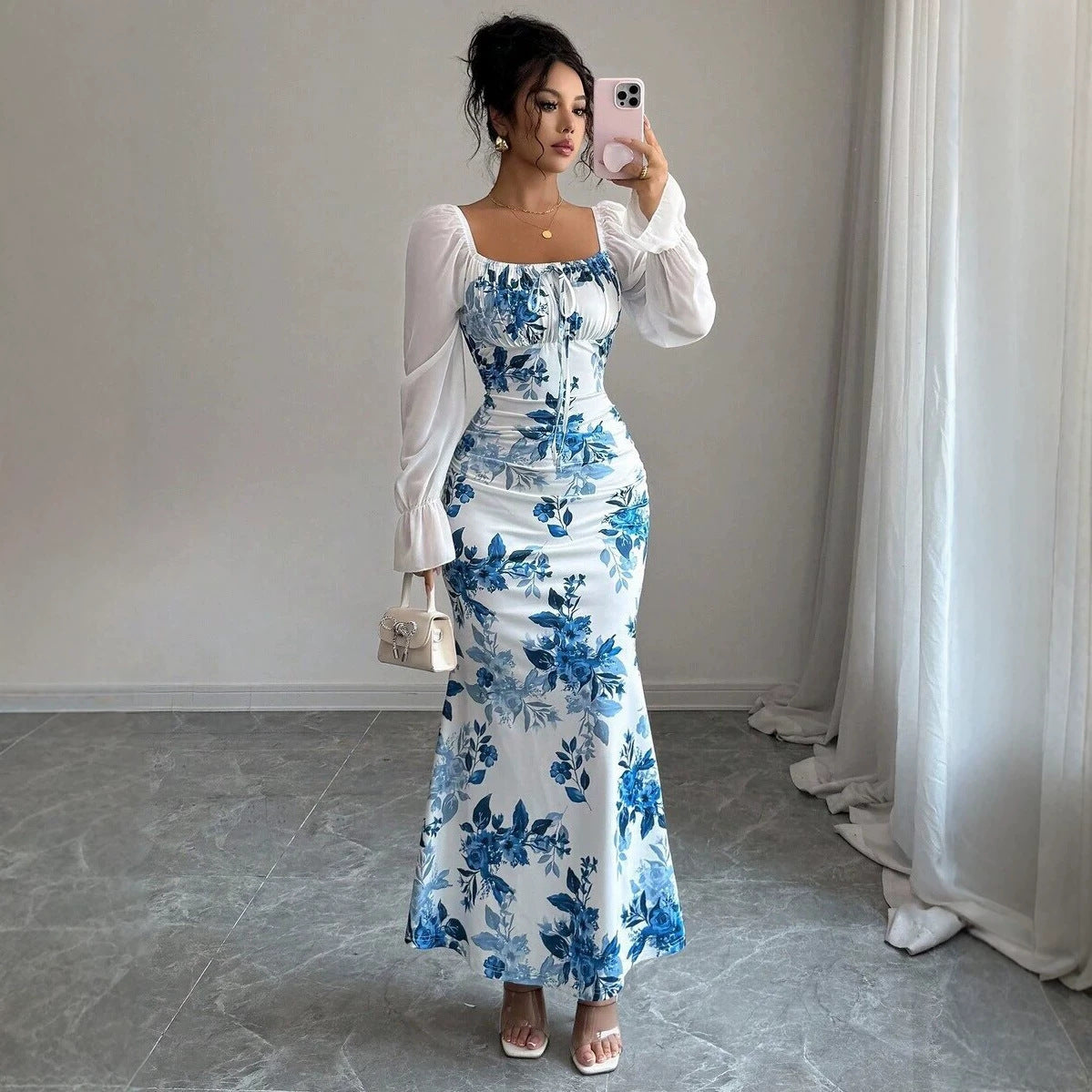 Women's Elegant Pleated Waist Floral Horn Sleeveless Dress