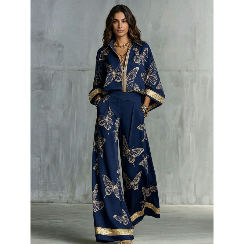 Women's Printed Sexy Deep V Loose Zip Wide Fashion Casual Suit