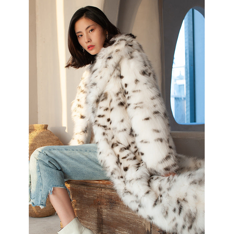 Women's Fur Imitation Fox Black Dot Leopard Print Large Coats