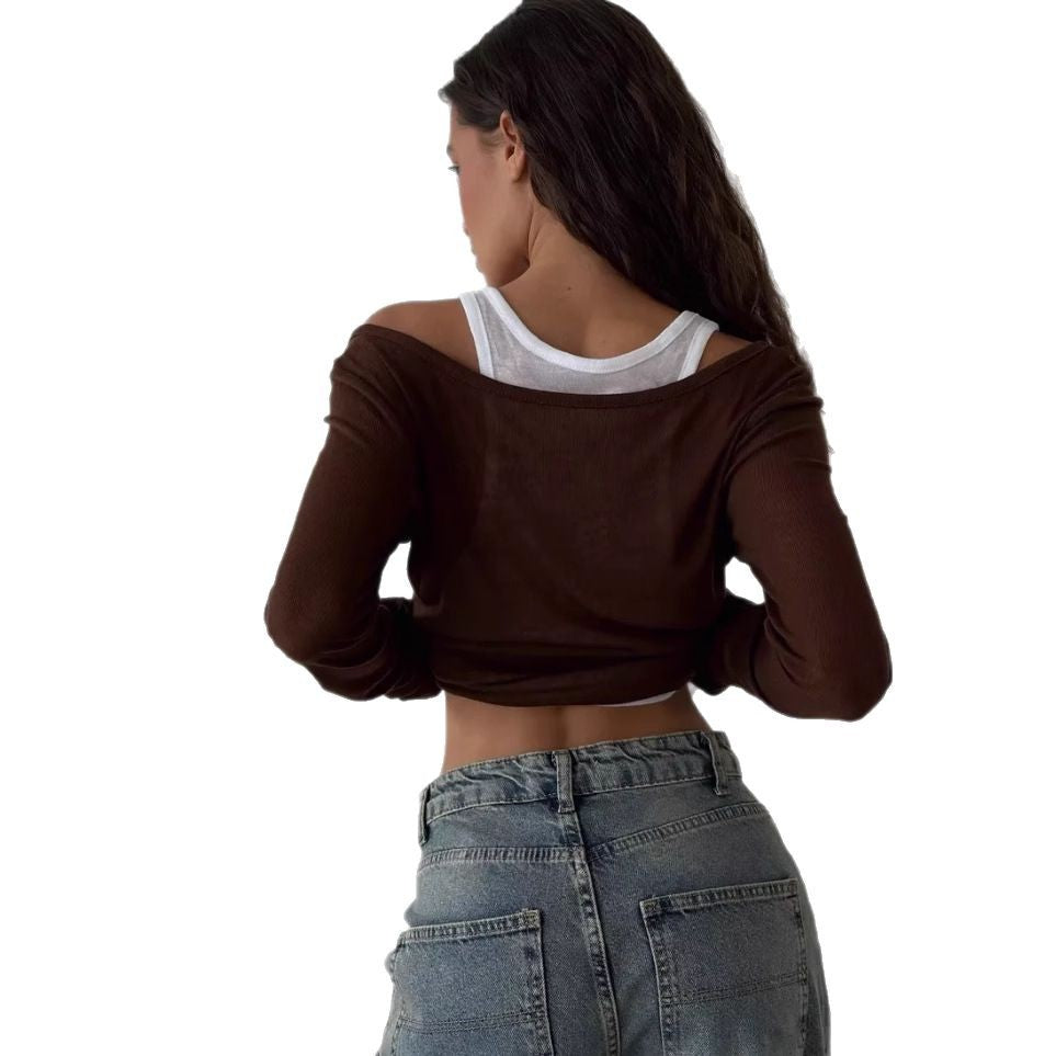 Women's Sense Fake Two Pieces Color Contrast Long Blouses