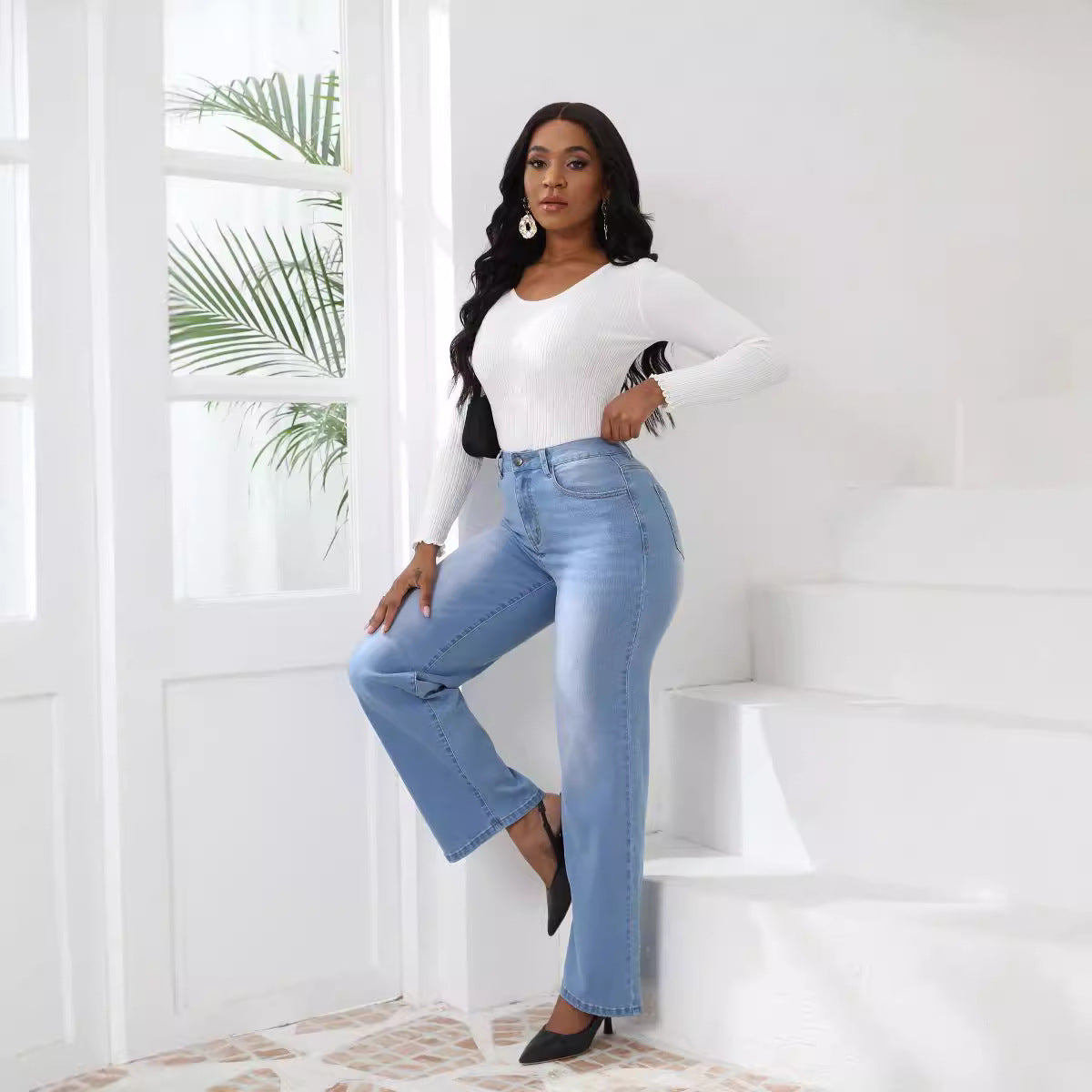 Women's High Elastic Denim Retro Straight Loose Jeans