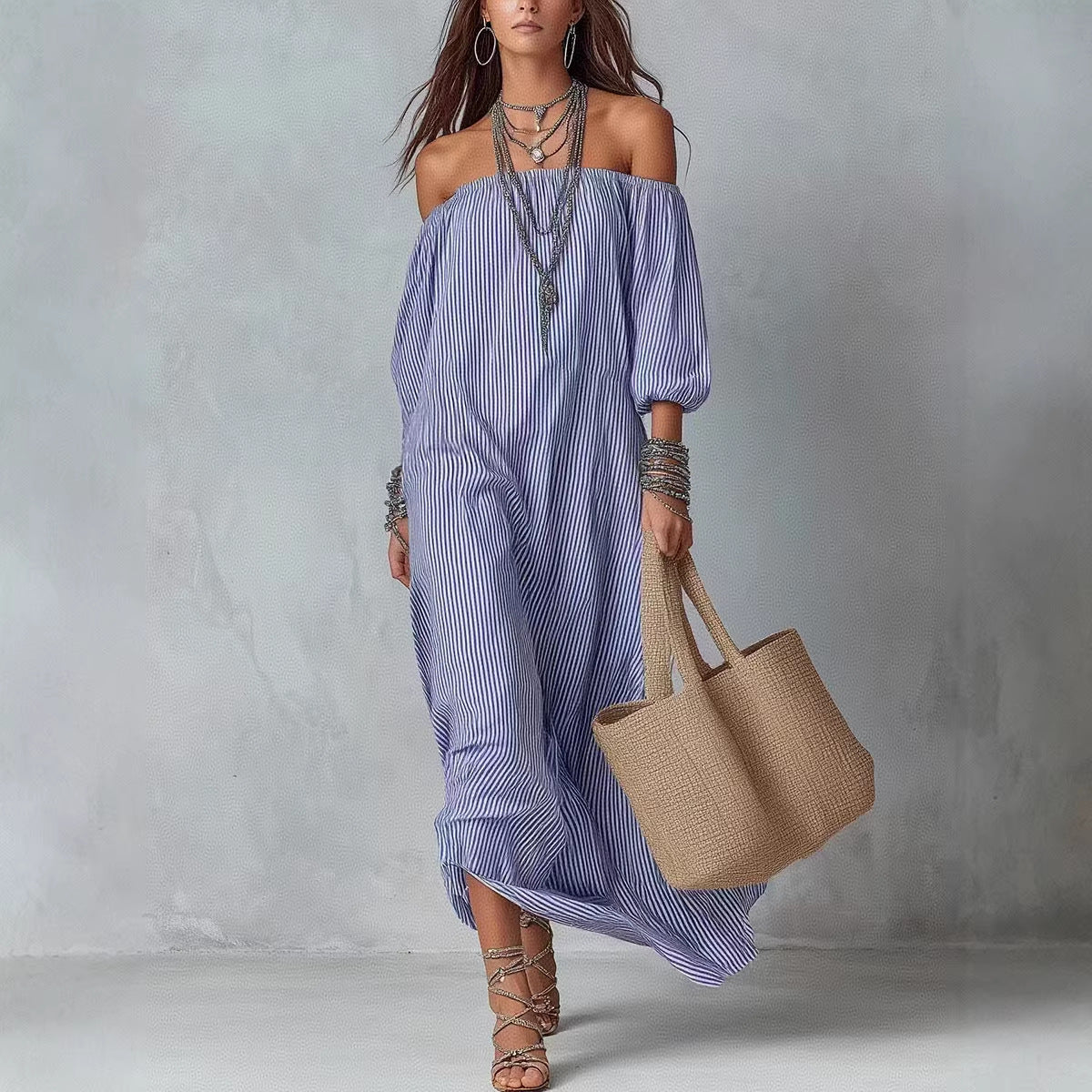 Women's Elegant Striped Loose Holiday Fashion For Dress