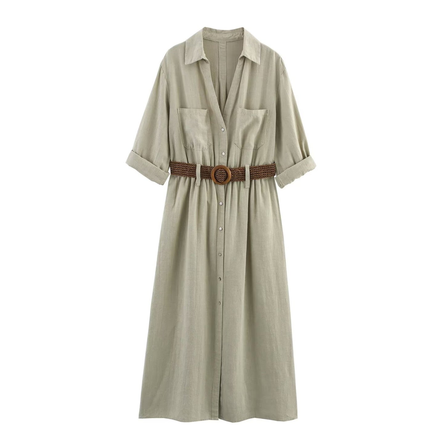 Women's Belt Linen Blend Shirt Dress Dresses