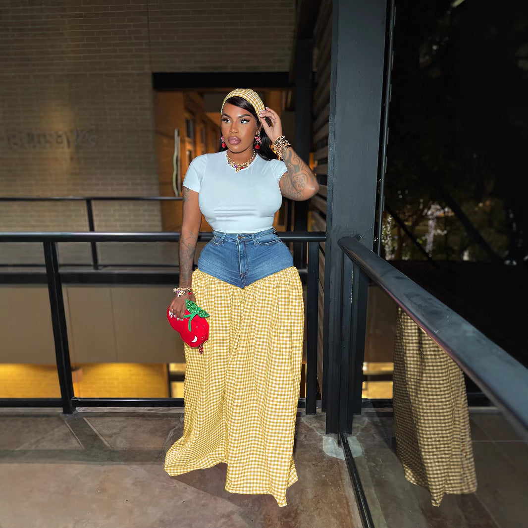 Women's Striped Denim Stitching Plaid High Waist Loose Pants