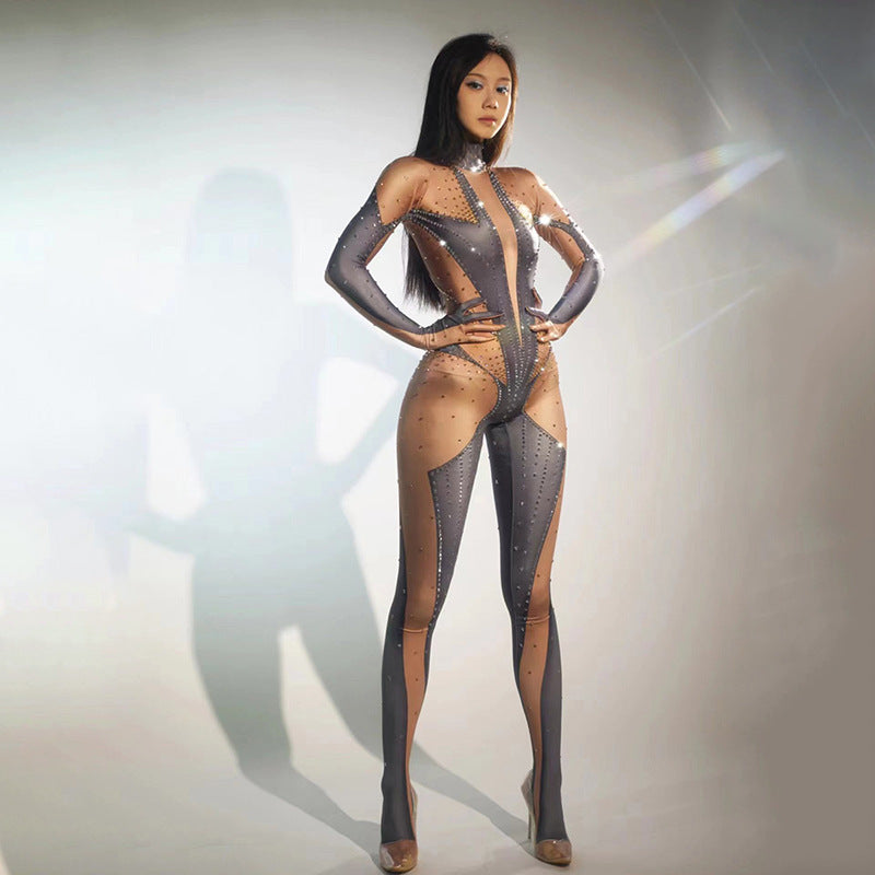 Sexy Full Diamond Long-sleeved One-piece Trousers Jumpsuits