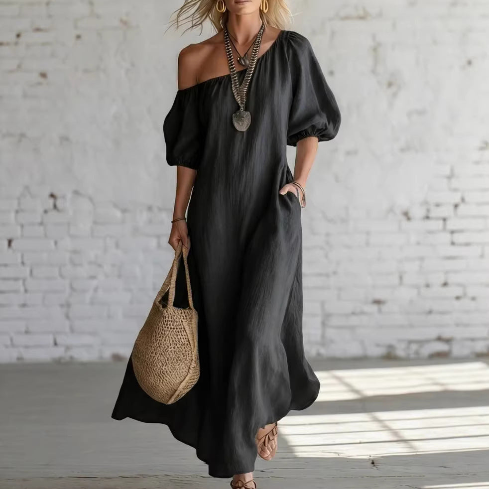 Women's Color Loose Shoulder High-grade Retro Long Cotton Dress