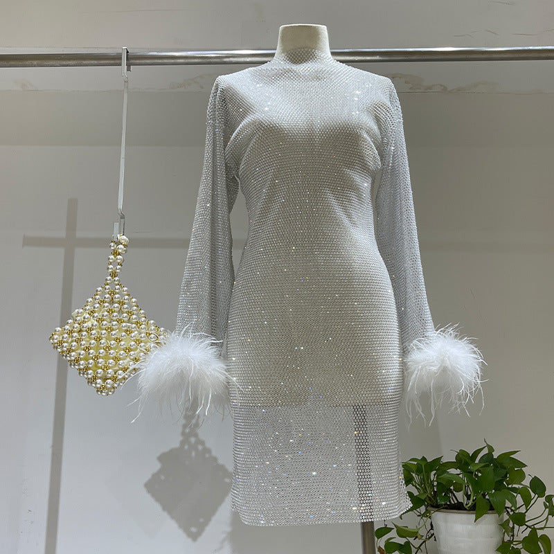 Fashion Luxury Hollow Mesh Ostrich Feather Slimming Bottoming Dress