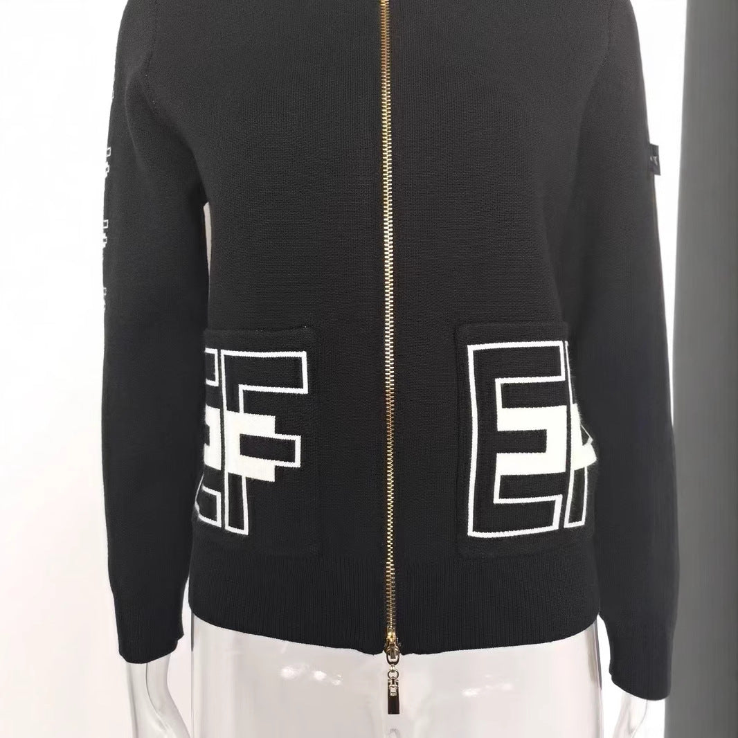 Sense Letter Zipper Black Round Neck Sweaters