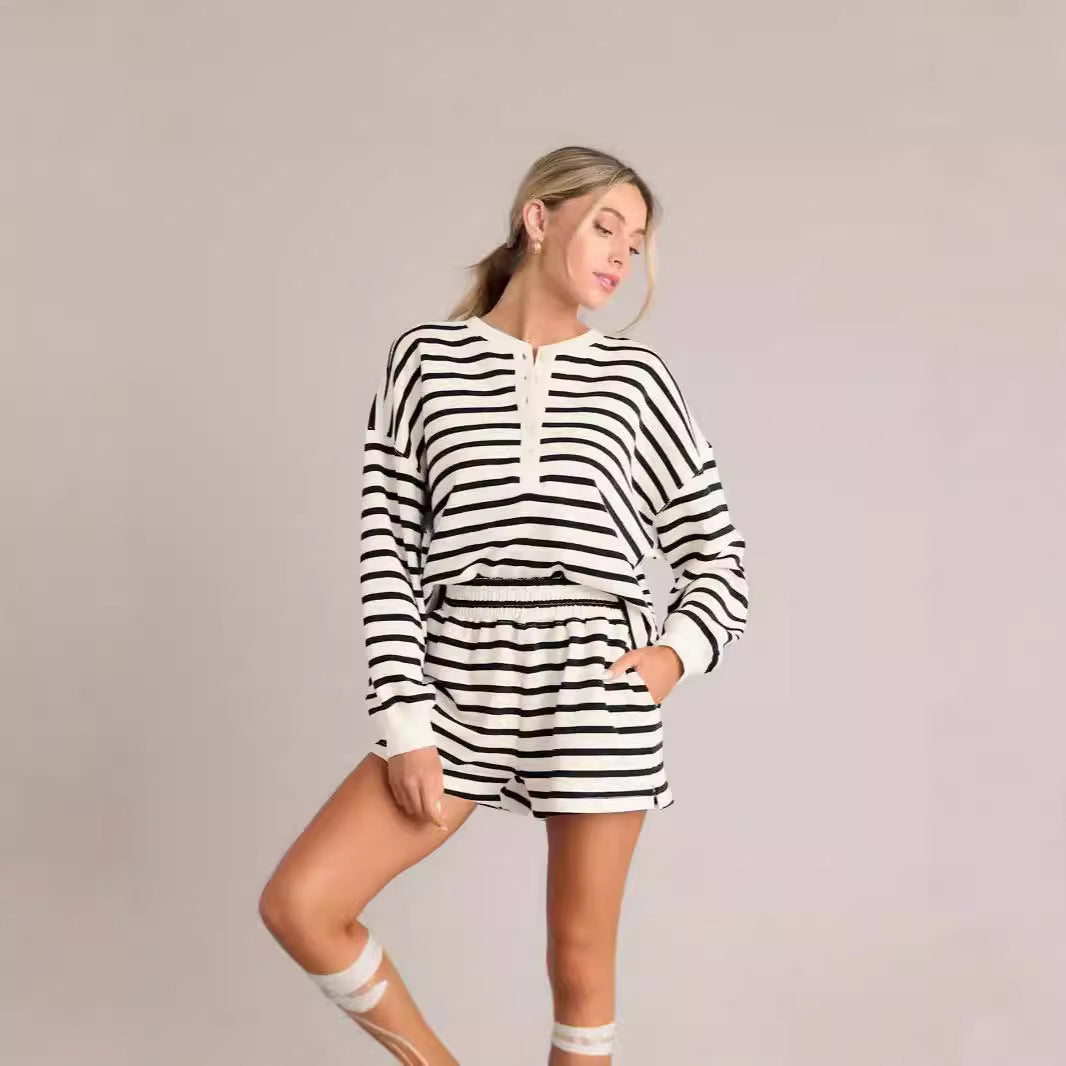 Women's Striped Autumn Collar Decorated With Buttons Long Fashion Casual Suit