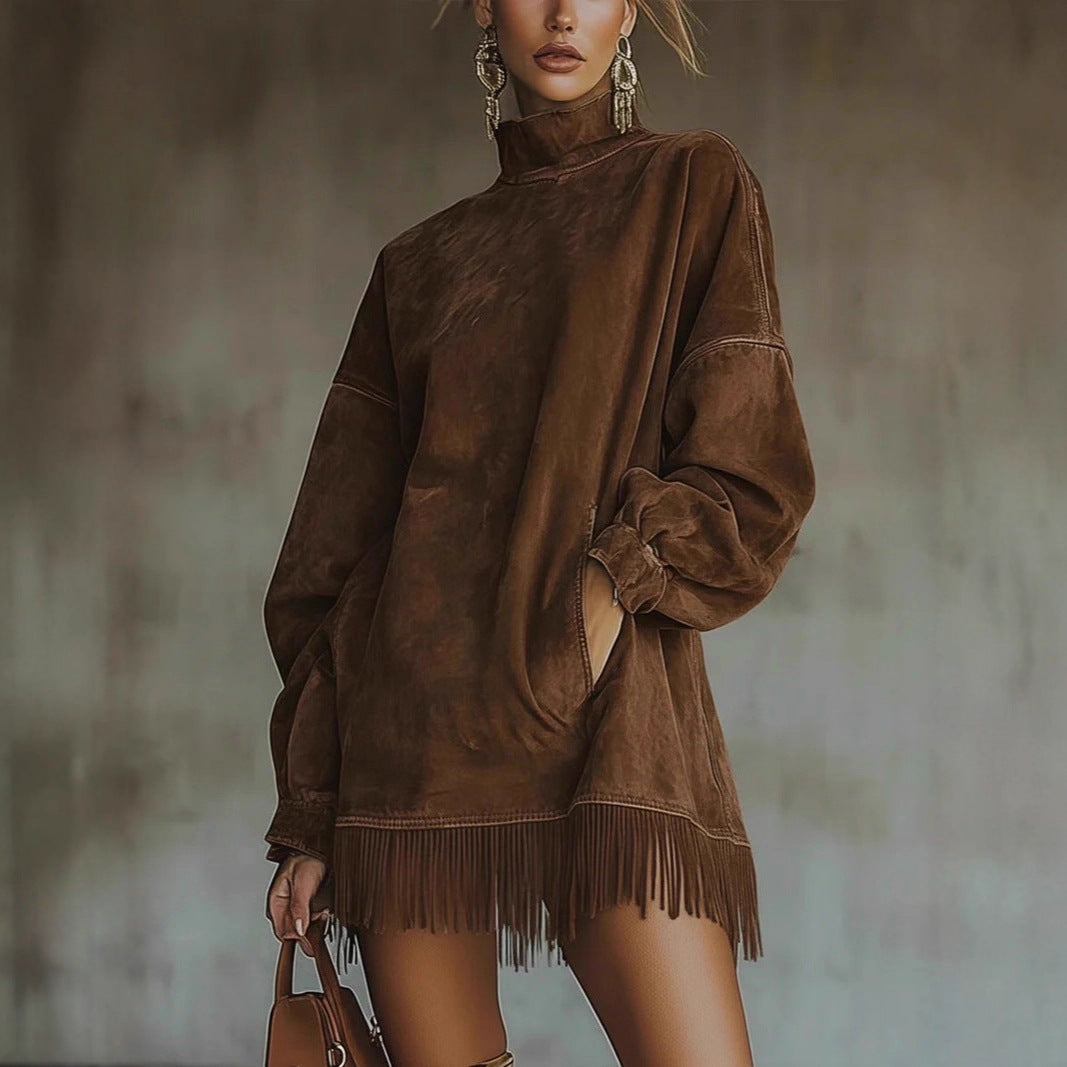 Turtleneck Suede Vintage Loose Pockets Tassel Long Dress