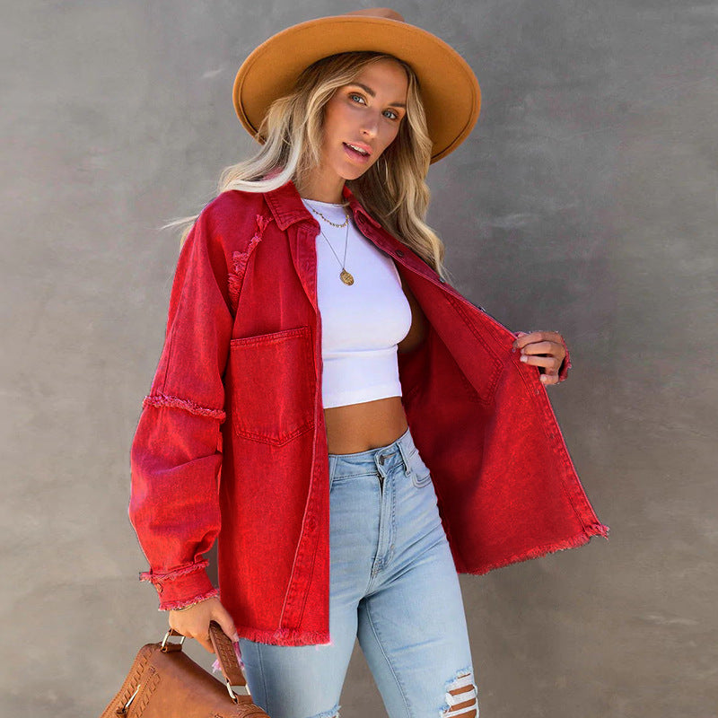 Denim Female Washed Frayed Hem Mid-length Jackets