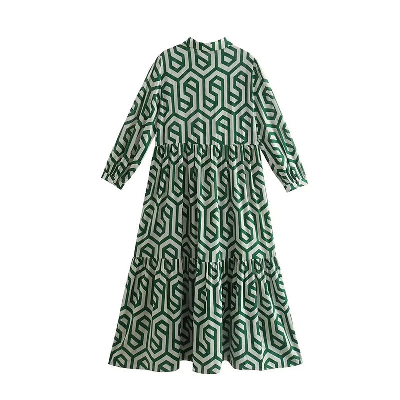 Women's Long Sleeve Turn-down Collar Green Geometric Pattern Dress