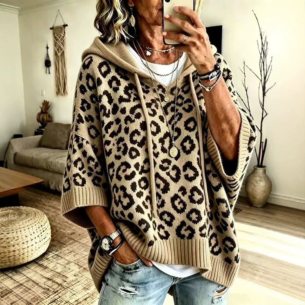 Leopard Print Hooded Drawstring Knitted Pullover Hoodie Sweater