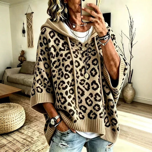 Leopard Print Hooded Drawstring Knitted Pullover Hoodie Sweater